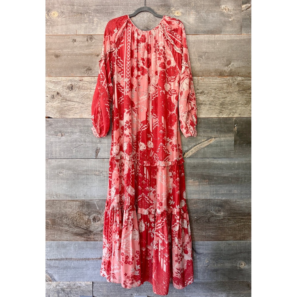 Chufy Paracas Caftan Dress S Red Pink Floral Tiered Maxi Boho Resort Luxury Vaca - Picture 12 of 15